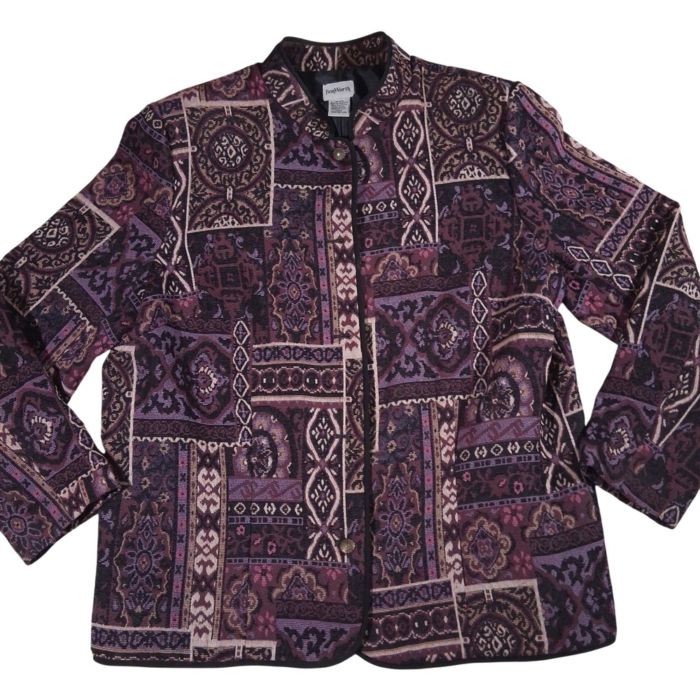 Vintage BonWorth Purple Wine Tapestry Patchwork Jacket LARGE Paisley Boho